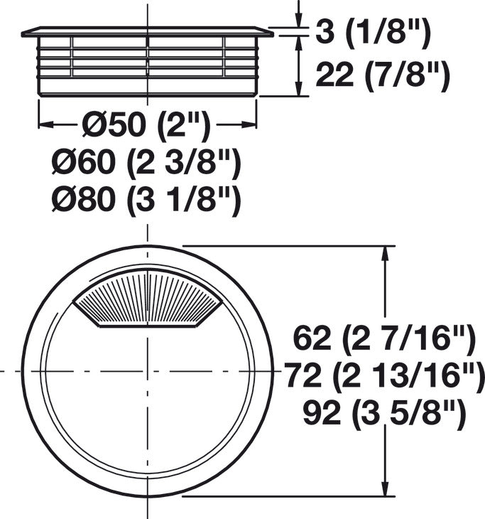 Häfele 429.99.744 Plastic Cable Grommet, Two-Piece, Round with Spring Closure, Plastic, with spring loaded, swivelling section in cover, for workplace organization, White, Ø80 mm