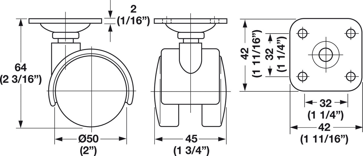 Häfele 660.04.351 Twin Wheel Caster, Free running, Screw-on plate, Without brake