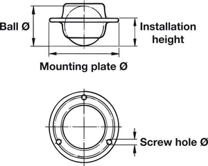 Häfele 661.02.250 Ball Caster, Free-Running, Steel, For screw fixing, Installation height: 20 mm, ball Ø: 25 mm