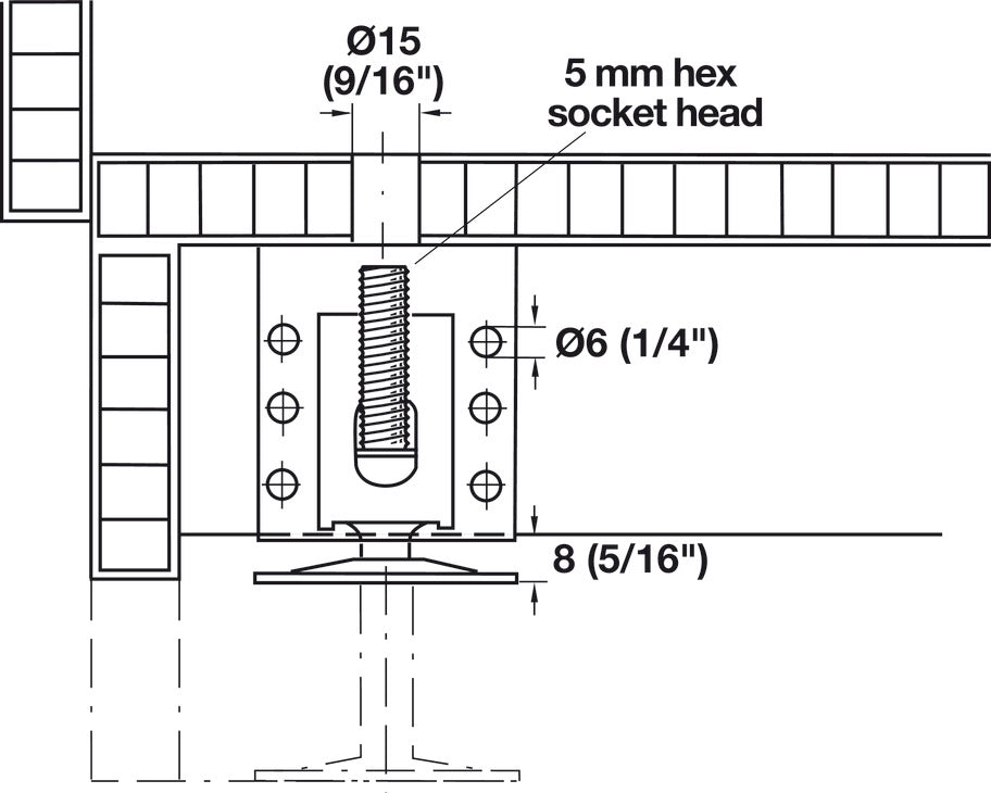 Häfele 637.67.900 Base Leveler, Heavy Duty With Supporting Bracket, load-bearing capacity 200 kg, steel, zinc-plated, M12 x 65 mm threaded bolt