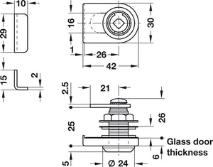 Häfele 233.42.610 Glass Door Cam Lock, Symo 3000, For combination with Symo cylinder removable core, Right hand, polished nickel