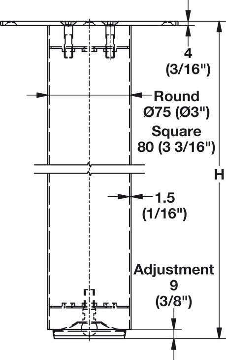 Häfele 635.70.014 Table Leg, Square, 34 3/4" (883 mm)