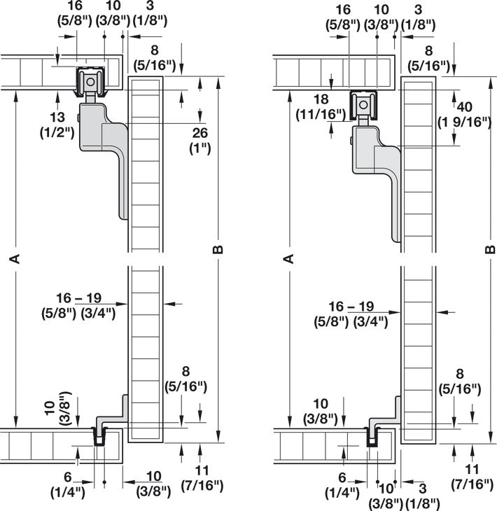 Häfele 402.33.029 Sliding Door Hardware, Slido F-Line21 20A, set, For cabinets with 1 wooden door, for door weights up to 20 kg (44 lbs.), for door heights up to 1,400 mm (55"), For 1 Door, with track stopper