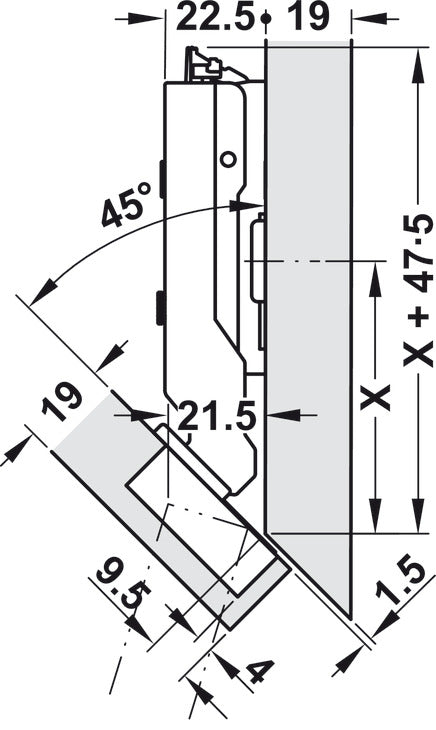 Häfele 348.35.609 Grass - Concealed hinge, Tiomos, 120°, overlay, for –45° corner applications