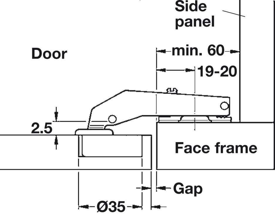 Häfele 315.01.740 Blind Corner Clip-On Hinge, Opening Angle 92°, Inset, Tab: 4-5mm, Soft-close
