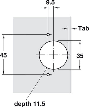 Häfele 315.01.740 Blind Corner Clip-On Hinge, Opening Angle 92°, Inset, Tab: 4-5mm, Soft-close