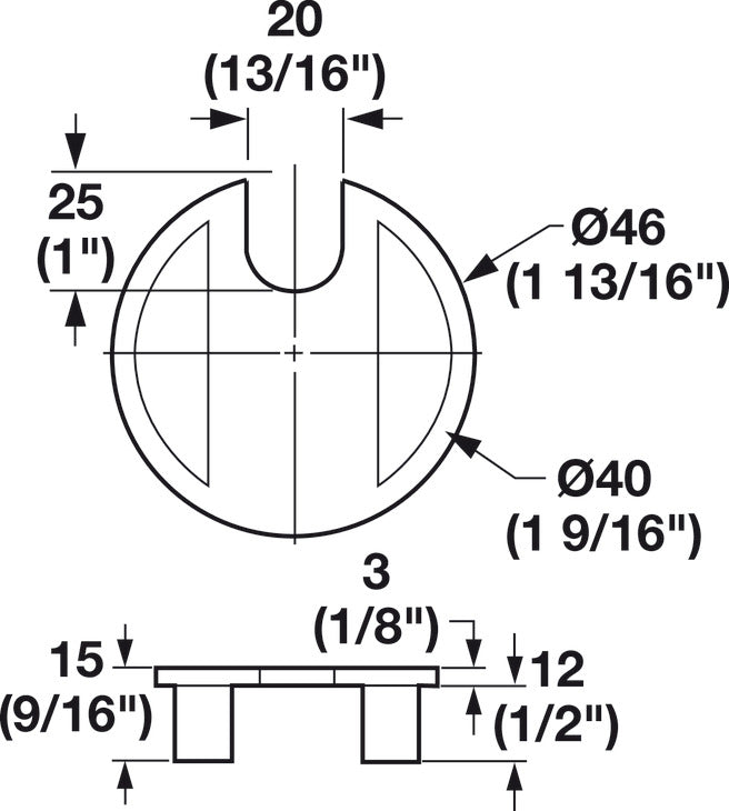 Häfele 429.94.810 Metal Cable Grommet, One-Piece, Round, Ø40 mm, For workplace organization, Brass polished, with 12 x 15 mm opening
