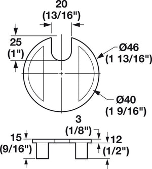 Häfele 429.94.810 Metal Cable Grommet, One-Piece, Round, Ø40 mm, For workplace organization, Brass polished, with 12 x 15 mm opening