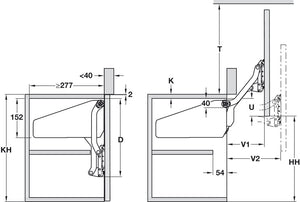 Häfele 372.33.501 Parallel Lift-Up Front Fitting, Free Up, For one-piece flaps made of wood, glass or with aluminum frame, Door Weight: 10.6-20.5 lbs., Model O2us, end cap: black