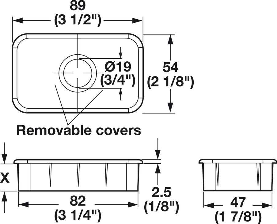 Häfele 631.37.303 Plastic Cable Grommet, Two-Piece, Rectangular, 89 x 54mm, For workplace organization, 89 mm x 54 mm x 1"