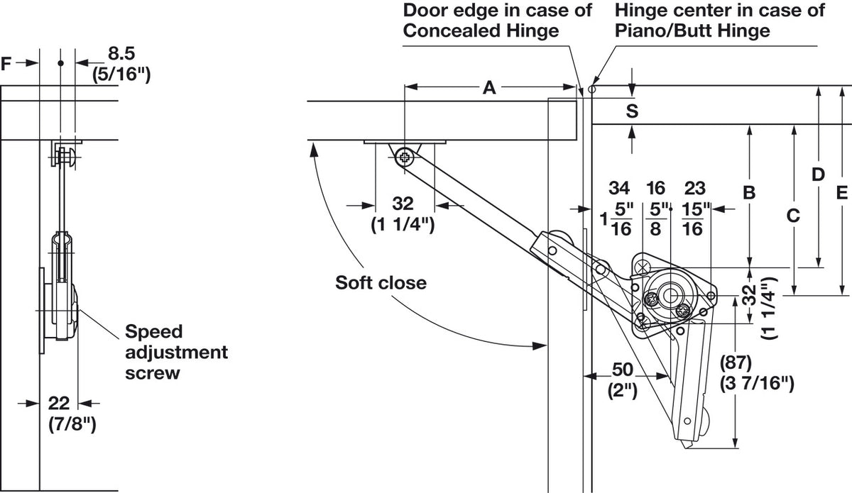 Häfele 365.31.681 Lid Stay, with Soft Close, For upward-opening door with piano, butt, or concealed hinges, Left hand