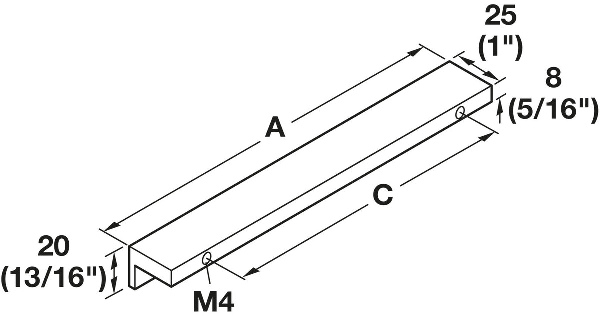 Häfele 112.83.902 Pull, Westin, L-Profile, Aluminum, Matte finish, 128 mm (5 1/16") CTC