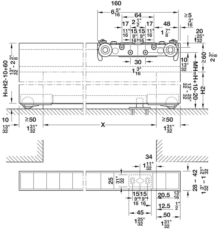 Häfele 940.59.813 Bottom track, for soft floors, Slido Design 80-M, Length: 3,600 mm (141 3/4"), black anodized