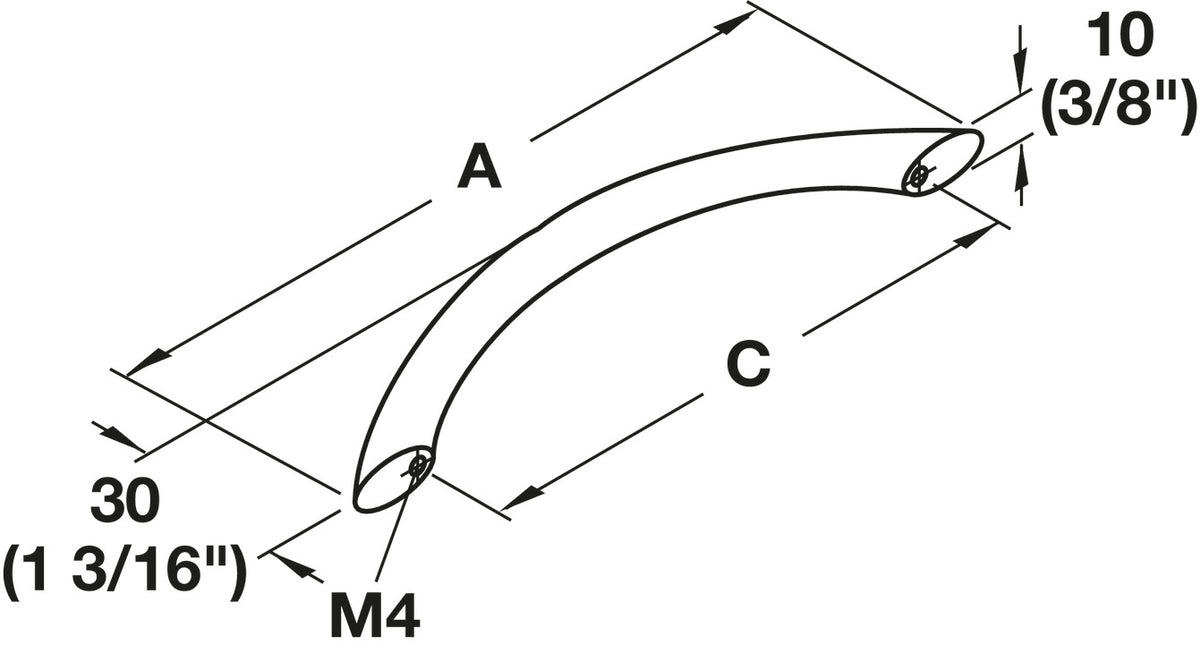 Häfele 155.00.835 Bow Pull, Ø (3/8") 10 mm, Steel, Dim. A: 332 mm (13 1/16"), dim. B: 30 mm (1 3/16"), dim. C: 288 mm (11 5/16"), Matte chrome