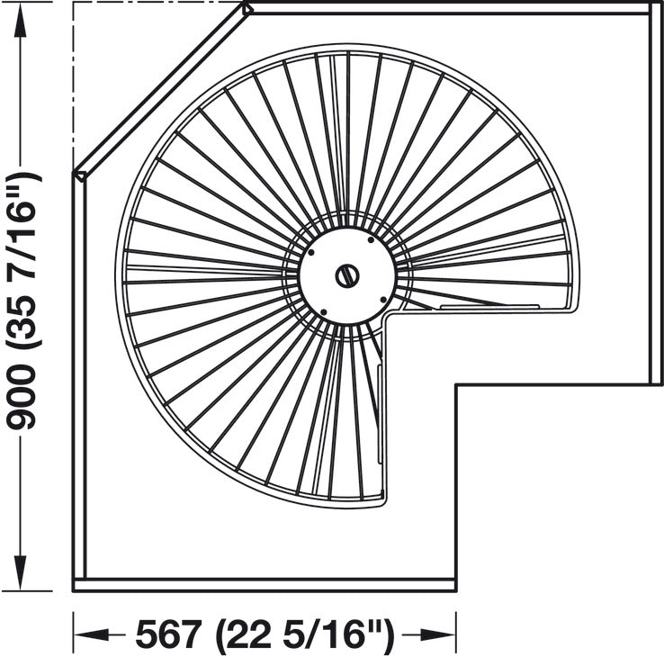 Häfele 542.15.210 Three Quarter Circle Susan Fitting, With Baskets, For overlay doors and corner cabinets, For base unit: 900 x 900 mm, wire susan Ø: 714 mm, with 2 wire susans