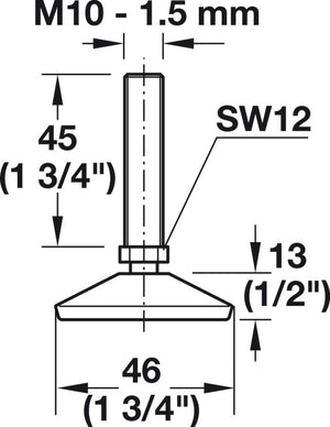 Häfele 651.00.125 Base Leveler, Swiveling Base, M10 x 45 mm, Ø46 mm (1 3/4"), M10, thread length: 45 mm