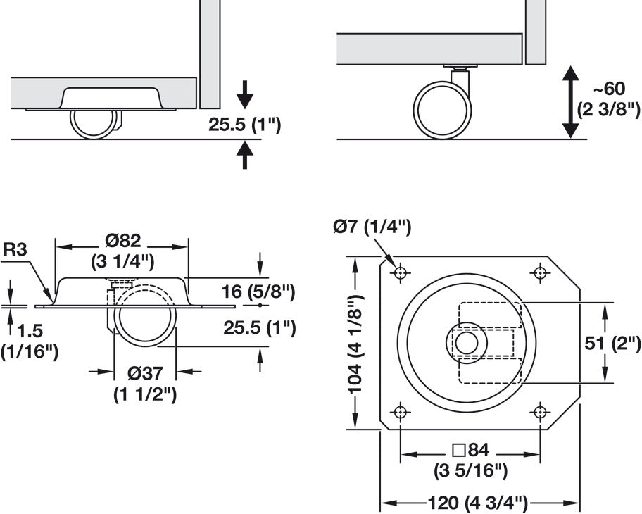 Häfele 660.04.370 Twin Wheel Recessed Caster, Load bearing capacity 40 kg, Low Profile with screw-on plate
