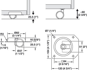 Häfele 660.04.370 Twin Wheel Recessed Caster, Load bearing capacity 40 kg, Low Profile with screw-on plate