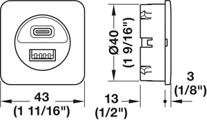 Häfele 833.73.829 Häfele Lighting - USB charging station, USB-A / USB-C, 24V, for mounting in drilled hole Ø40 mm or for screw fixing with frame 46.5 x 46.5 x 18 mm, White