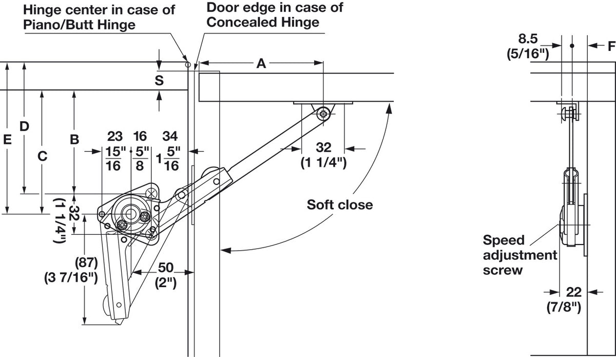 Häfele 365.31.680 Lid Stay, with Soft Close, For upward-opening door with piano, butt, or concealed hinges, Right hand
