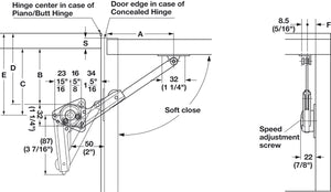 Häfele 365.31.680 Lid Stay, with Soft Close, For upward-opening door with piano, butt, or concealed hinges, Right hand