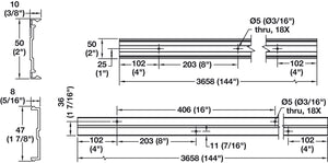 Häfele 290.11.003 Panel Rail, Zero-Lift Snap-In, Lightweight (with 12 clips), 144" length