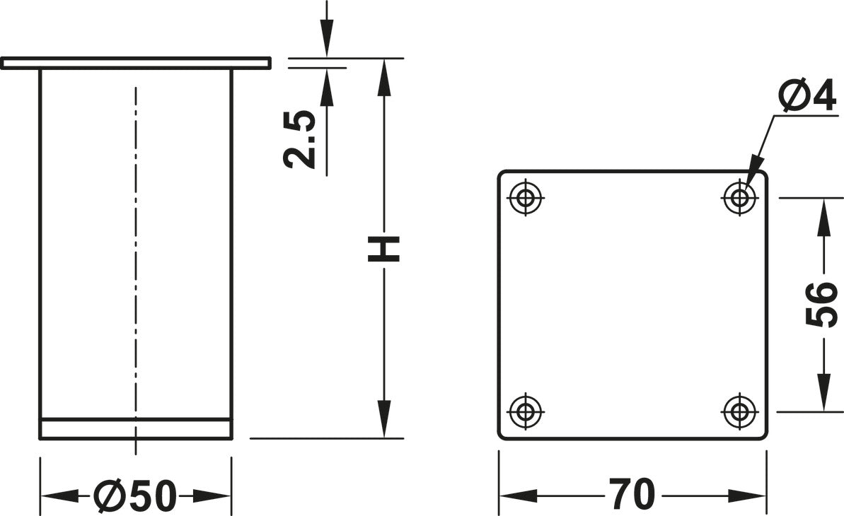 Häfele 634.74.252 Furniture Foot, Without height adjustment, With plate, Steel, jet black, RAL 9005, height: 150 mm, diameter: 50 mm