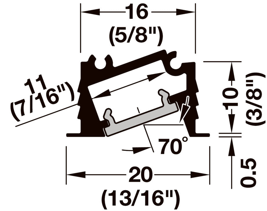 Häfele 833.94.206 Profile for recess mounting, Häfele Lighting Profile 1106, for LED strip lights up to 5 mm (3/16") width with clip, Asymmetrical light distribution, Length: 2.337 m (92"), silver colored