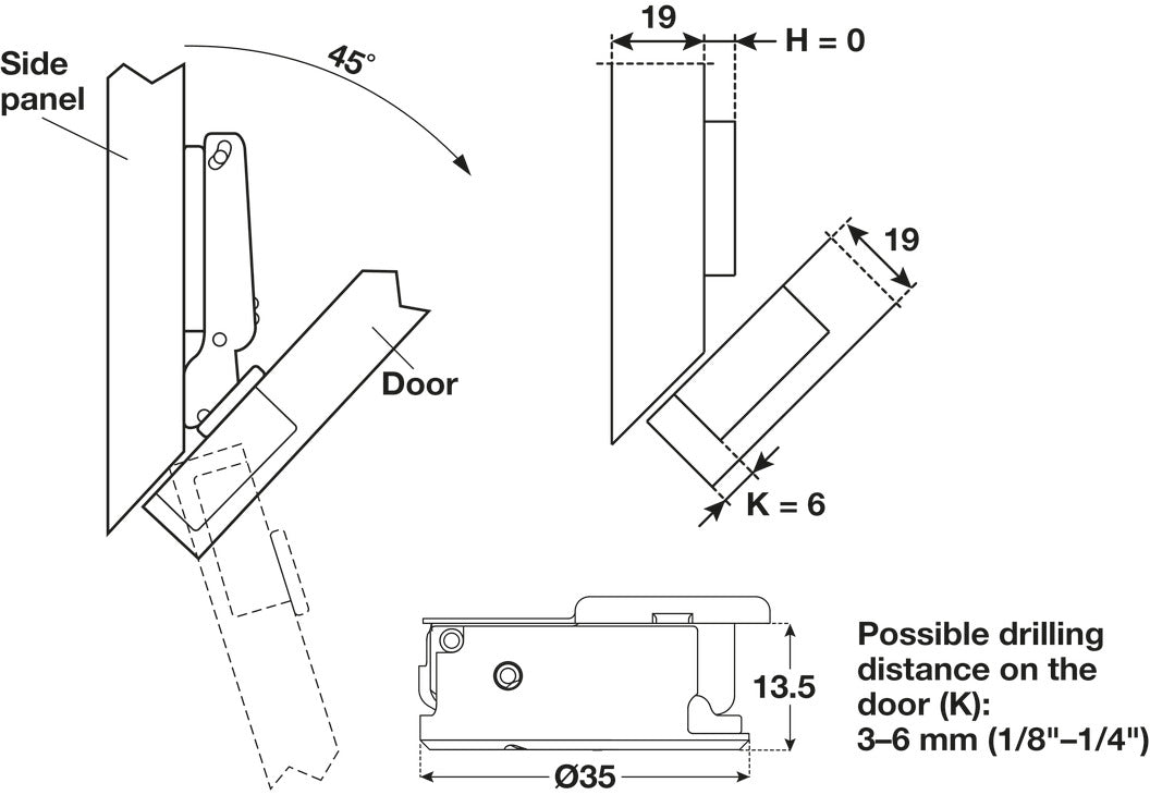 Häfele 329.35.132 Salice - Concealed - 45° Corner Hinge, Silentia+, 110° Opening Angle, Soft Close, Dowel fitting, model C7R6HE9