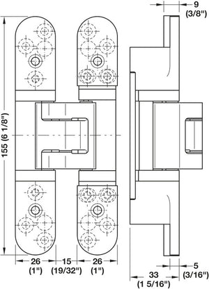 Häfele 924.19.036 TECTUS - Concealed Hinge, TE 527 3D, for flush doors up to 100 kg, 3D adjustable, size 155 mm, satin nickel look, SW 125