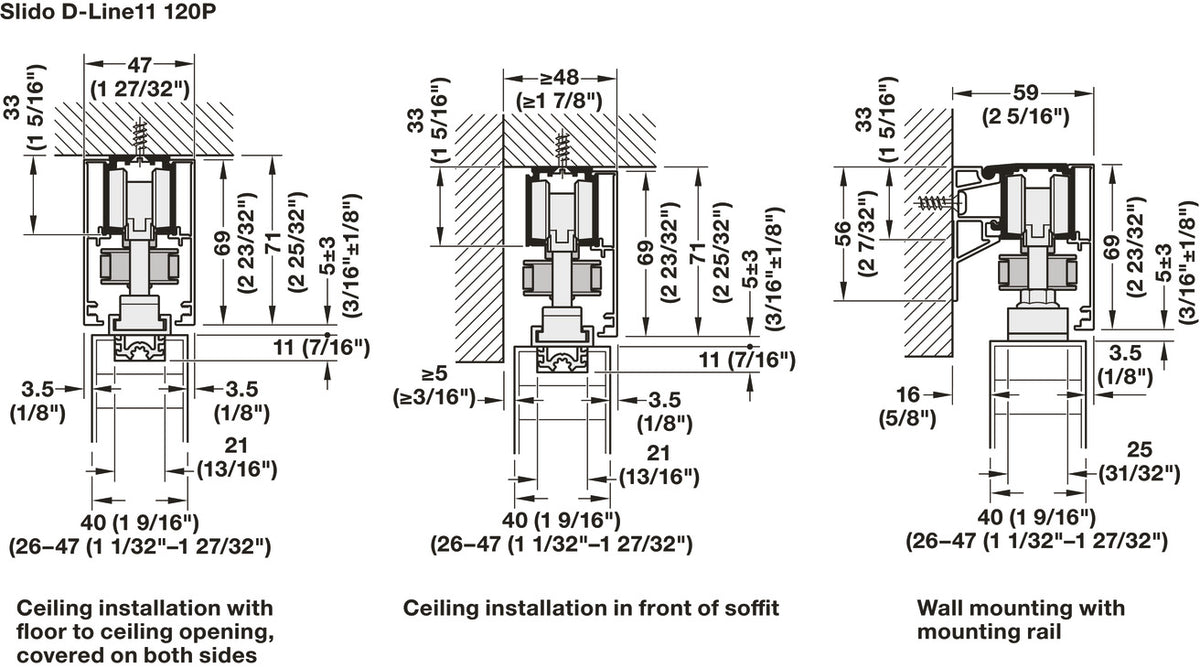 Häfele 941.03.037 Sliding Door Fitting, Slido D-Line11 80P / 120P Symmetrical Opening, for 2 sliding doors, for door width 600–1500 mm, for door thickness 26–45 mm, for wall mounting and ceiling installation, Door weight ≤80 kg (176 lb)