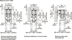 Häfele 941.03.037 Sliding Door Fitting, Slido D-Line11 80P / 120P Symmetrical Opening, for 2 sliding doors, for door width 600–1500 mm, for door thickness 26–45 mm, for wall mounting and ceiling installation, Door weight ≤80 kg (176 lb)