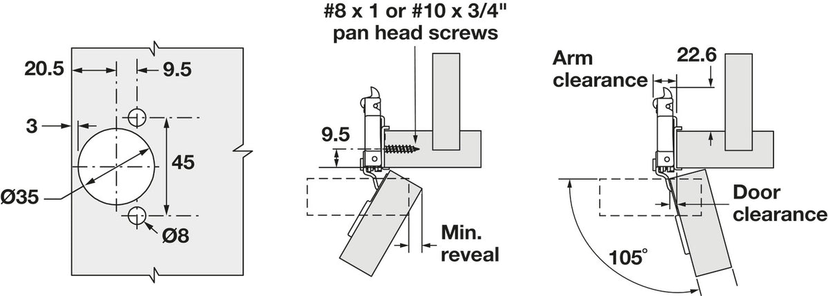 Häfele 348.90.031 Grass - Concealed Face Frame Hinge, TEC 864E CLICK-ON, 105° Opening Angle, Screw Mount, soft close, 1/2" overlay
