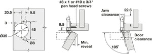 Häfele 348.90.031 Grass - Concealed Face Frame Hinge, TEC 864E CLICK-ON, 105° Opening Angle, Screw Mount, soft close, 1/2" overlay