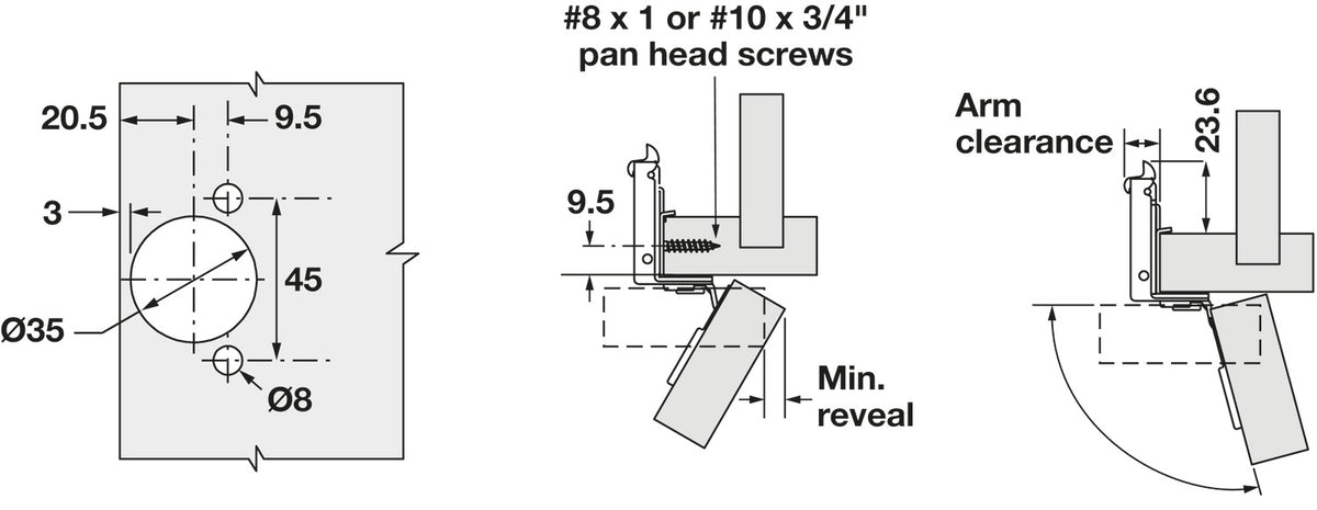 Häfele 348.90.031 Grass - Concealed Face Frame Hinge, TEC 864E CLICK-ON, 105° Opening Angle, Screw Mount, soft close, 1/2" overlay