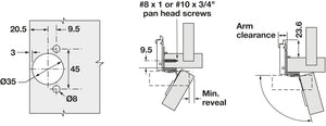 Häfele 348.90.032 Grass - Concealed Face Frame Hinge, TEC 864E CLICK-ON, 105° Opening Angle, Screw Mount, soft close, 3/4" overlay