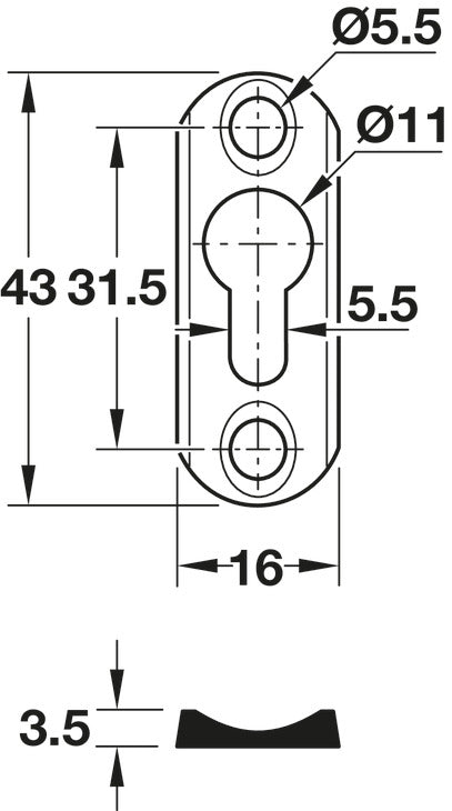 Häfele 271.53.901 Keyhole Plate Bed Connector, for machined-recess installation, with 1 keyhole, For hooking into screw head Ø: 6 mm, height: 45 mm, zinc plated