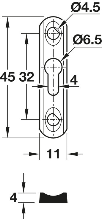 Häfele 271.53.901 Keyhole Plate Bed Connector, for machined-recess installation, with 1 keyhole, For hooking into screw head Ø: 6 mm, height: 45 mm, zinc plated