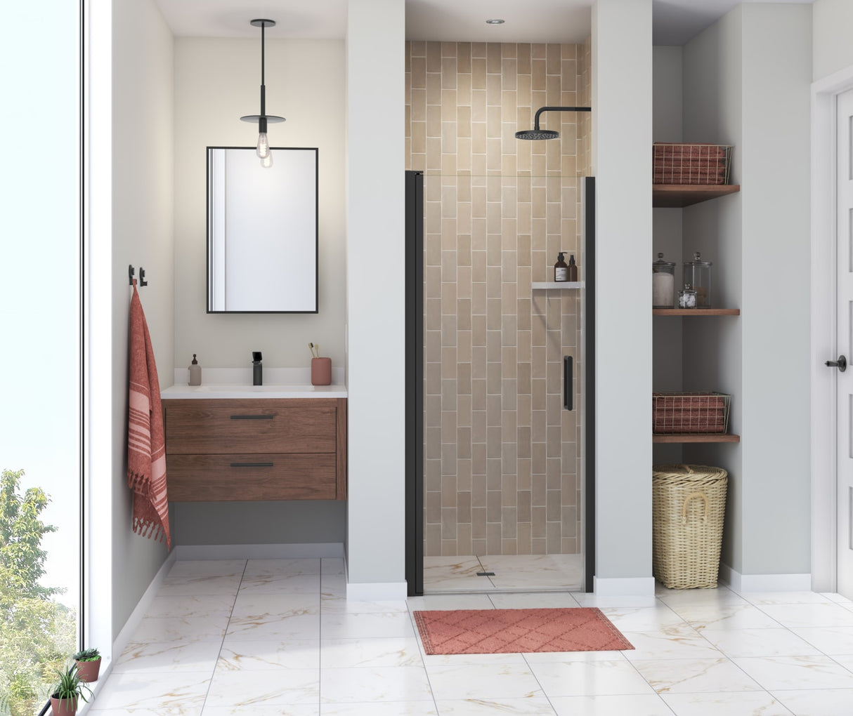 MAAX 138263-900-340-100 Manhattan 29-31 x 68 in. 6 mm Pivot Shower Door for Alcove Installation with Clear glass & Round Handle in Matte Black