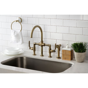 Kingston Brass KS2333KL Whitaker Industrial Style Bridge Kitchen Faucet with Brass Sprayer, Antique Brass