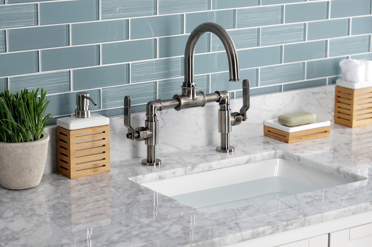 Kingston Brass KS217KLVN Whitaker Industrial Style Bridge Bathroom Faucet with Pop-Up Drain, Black Stainless