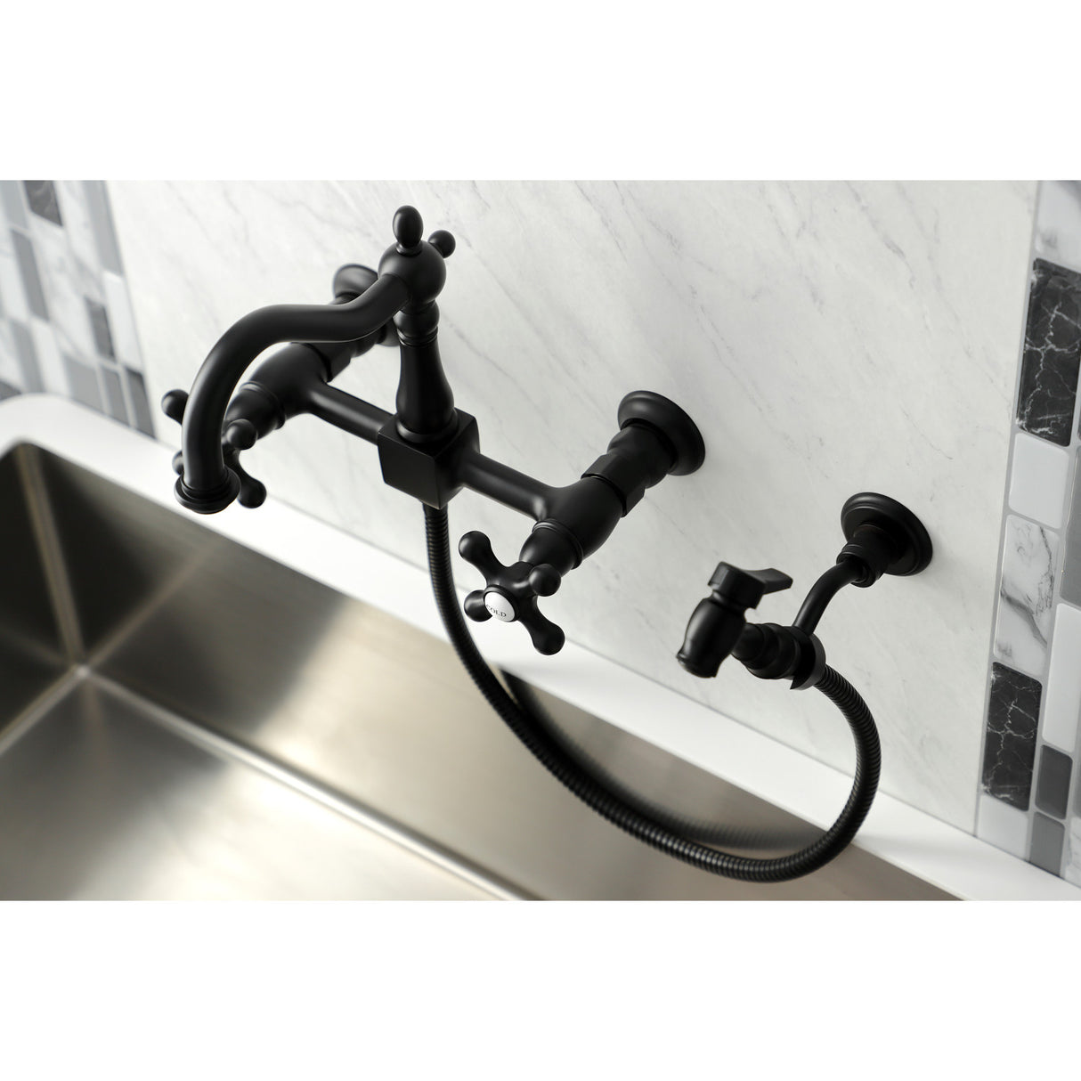 Kingston Brass KS1260AXBS Heritage Wall Mount Bridge Kitchen Faucet with Brass Sprayer, Matte Black