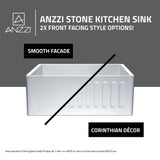 ANZZI K-AZ221-1A Roine Farmhouse Reversible Apron Front Solid Surface 24 in. Single Basin Kitchen Sink in White