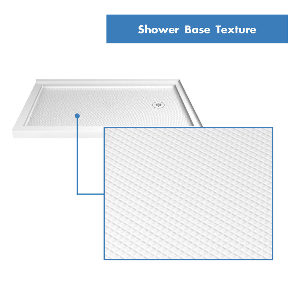 DreamLine Flex 36 in. D x 60 in. W x 74 3/4 in. H Semi-Frameless Pivot Shower Enclosure in Chrome with Right Drain White Base Kit