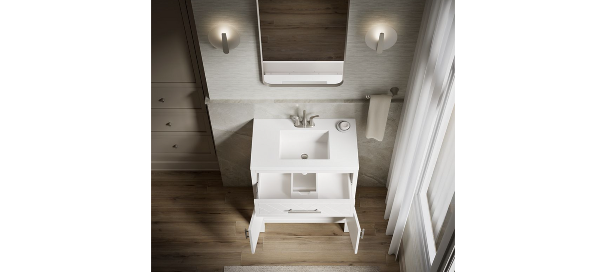 KOHLER Accra 30in. Single Sink Freestanding White Bath Vanity with Pure White Quartz Top Assembled R35898-ASB-0