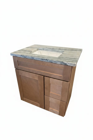 30" Shaker Carmel Vanity with Right Drawers & Odyssey Vanity Top