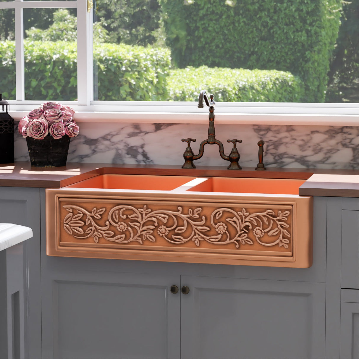 Cilantro Double Bowl Copper Apron-Front Sink