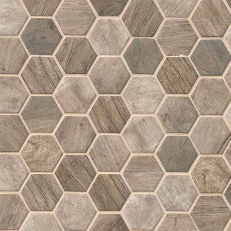 Driftwood hexagon 11.02 in x 12.75 in glass meshmounted mosaic tile SMOT-GLSIL-DRIFT6MM prod shot wall view