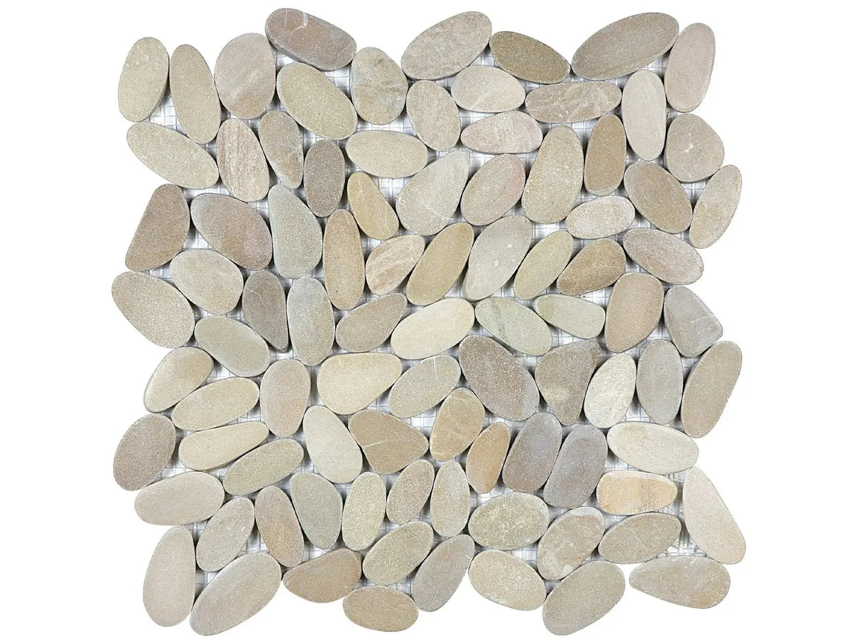 Anatolia Tile Zen Driftwood Tan Flat Matte Pebble Mosaics. 1 Sheet = 1 Sq. Ft. 5001-0217-0 (76-463) Driftwood Tan Flat Pebble - premium natural stone mosaic tile from Anatolia Tile, available at PoshHaus showroom in Keene, NH
