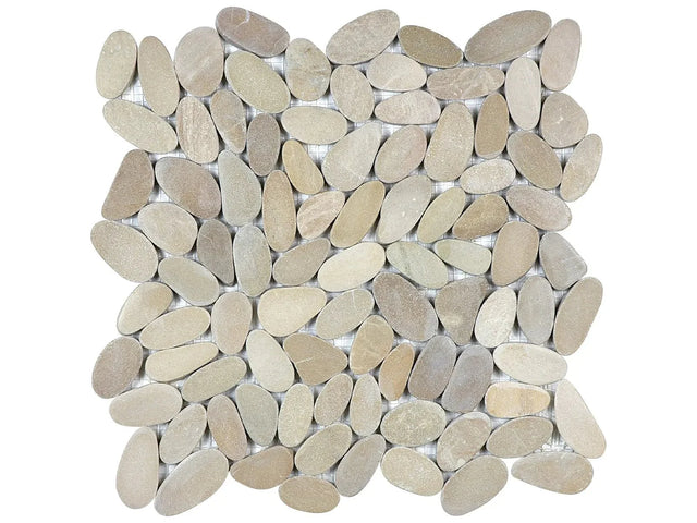 Anatolia Tile Zen Driftwood Tan Flat Matte Pebble Mosaics. 1 Sheet = 1 Sq. Ft. 5001-0217-0 (76-463) Driftwood Tan Flat Pebble - premium natural stone mosaic tile from Anatolia Tile, available at PoshHaus showroom in Keene, NH
